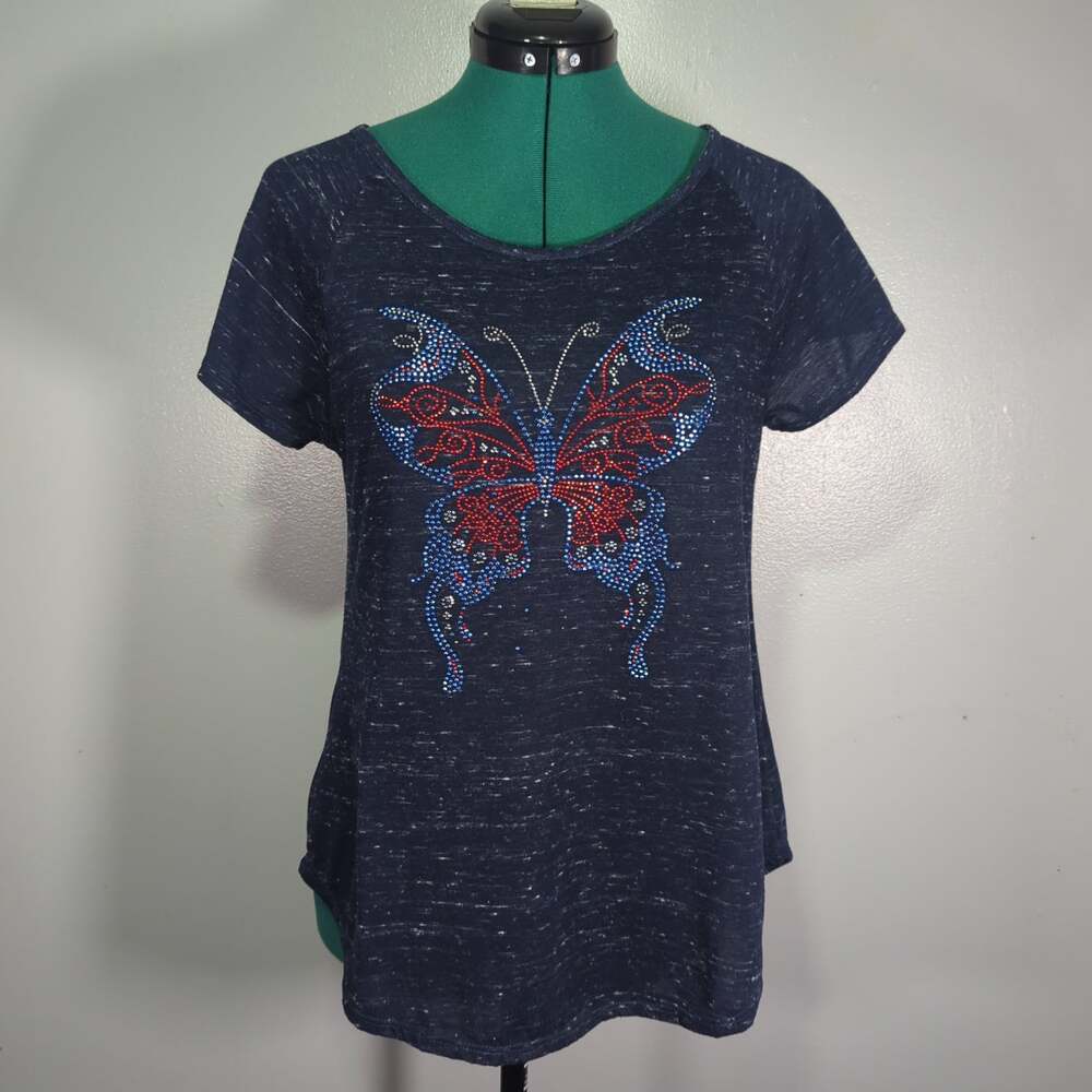 Amana Y2K Navy Rhinestone Butterfly Graphic Tee Medium Mcbling